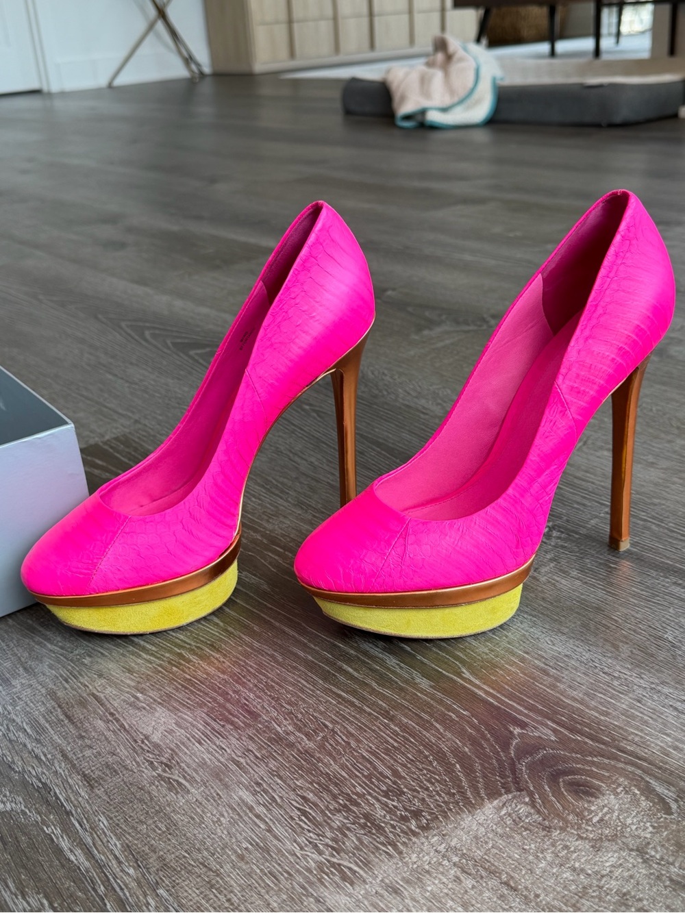 Brian Atwood Hot Pink Pumps with Gold Platform